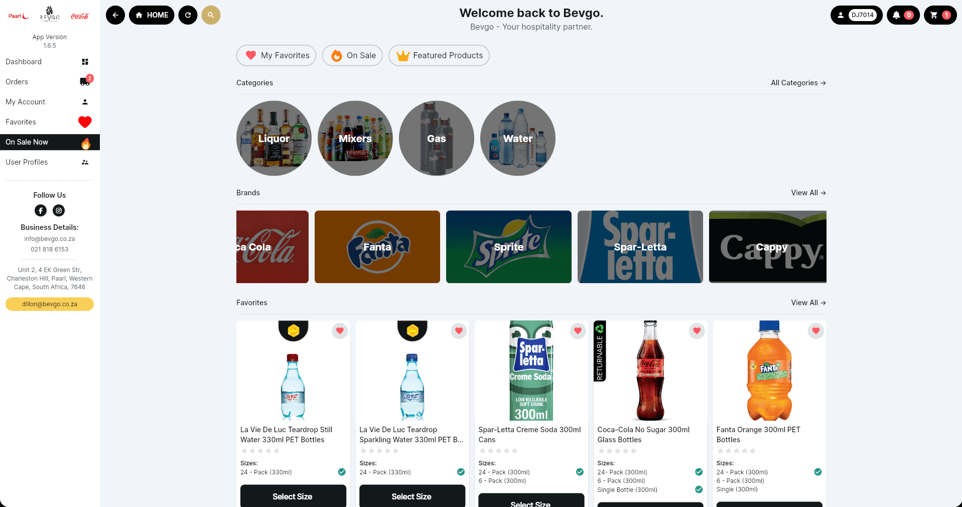 Bevgo marketplace dashboard showing categories and supplier brands.